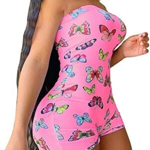 Pink Butterfly Print Strapless Romper